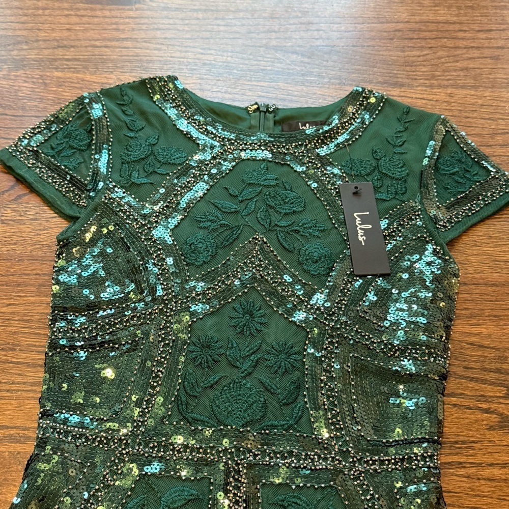 NWT Lulus Spread Your Shine Emerald Green Sequin Embroidered Bodycon Dress - Picture 3 of 10